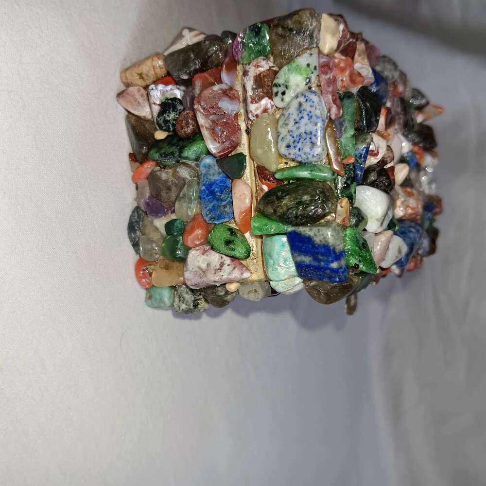 Crystal and Wood Trinket Box with Multicolor Polished Natural Stones Hinged Lid